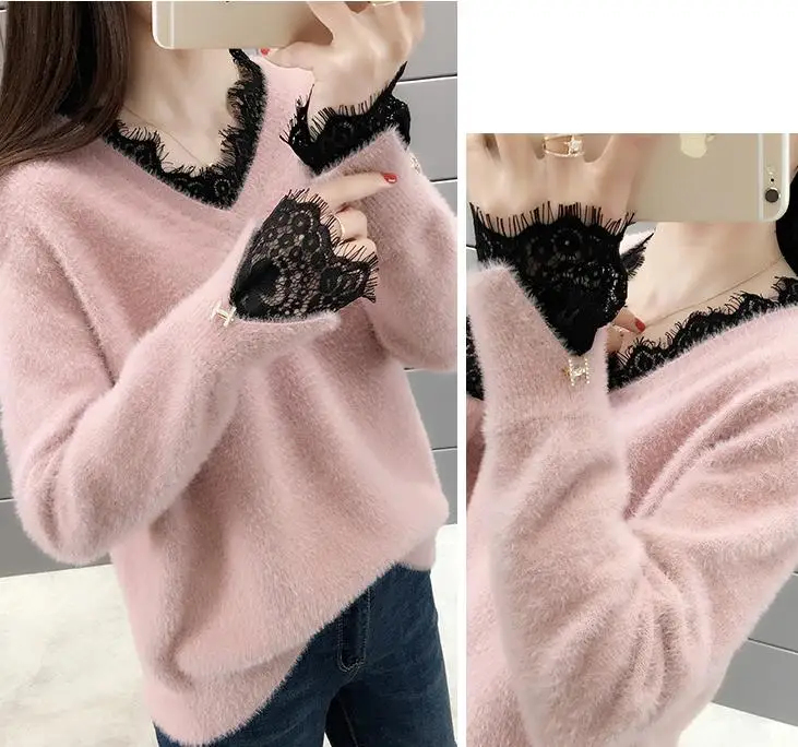 

Knitted Sweater Ladies 2020 Autumn/winter Jacket Pullover Solid Color Long-sleeved Regular Fluffy Lace V-neck Polyester Material