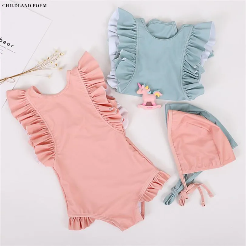 

Baby Swimwear Ruffle Infant Kid Girls Swimsuits With Hat One-piece Children Swimming suits Girl Bathing Suit Toddler Swimsuit