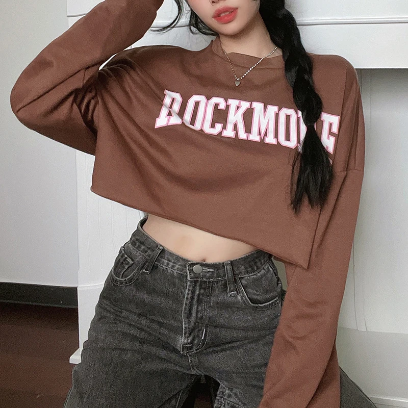 

Harajuku letters print Oversized hoodie Long sleeve O-Neck Sexy Short y2k grunge Show waist Kawaii Women's sweater winter Blouse
