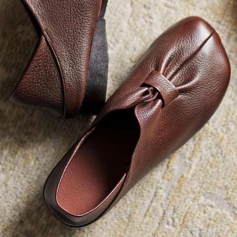 Handmade Leather Flat Shoes Woman Butterfly-knot Loafers for Women Soft Slip-on Shoes Retro Ethnic Sole Summer Walking Shoes