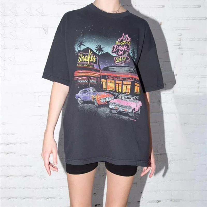 

Vintage Harajuku Balck Car Print Graphic Tee Women Oversized Loose Casual T Shirt O Neck Short Sleeve Fashion Tops 2021 Summer