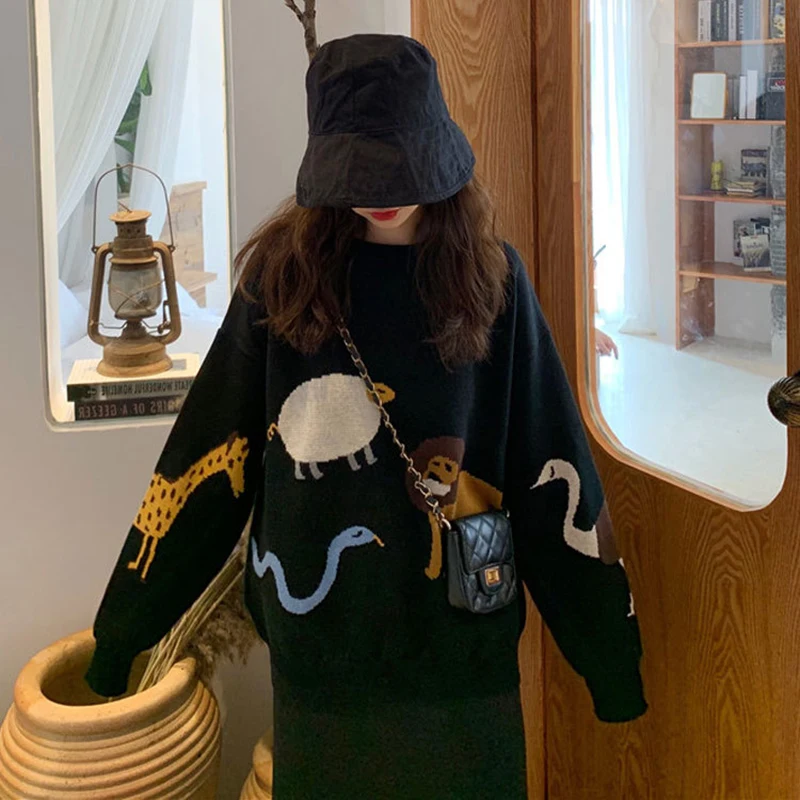 

Winter Ins Harajuku vintage chic funny animal cute long-sleeved knit sweater female Korean fashion loose O-neck casual sweater