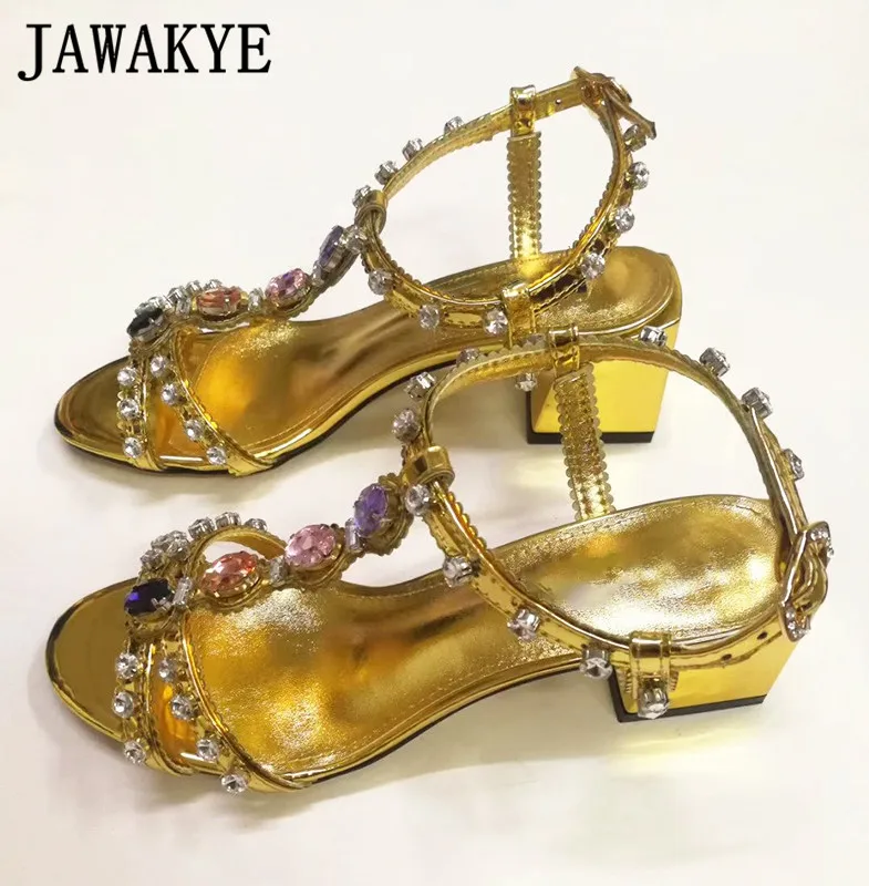 Босоножки Стразы золотистые женские Т образный ремешок квадратный каблук