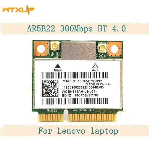 Wi-Fi карта Atheros AR9462 AR5B22 802,11 mini pcie msata 300 Мбит/с BT4.0 WLAN для Lenovo Y400 Y500 Y410P S215 U330 U430