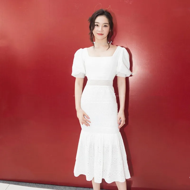 

Elegant White Dress Women Mermaid Midi Dress Party 2020 Summer Sexy Hollow Out Square Collar Puff Short Sleeve Slim Long Dress
