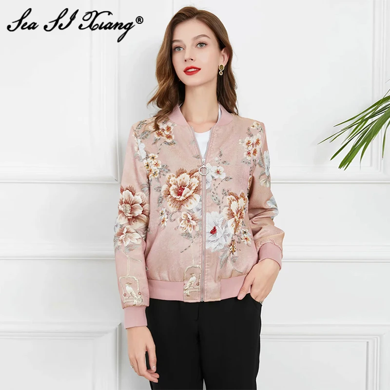

Seasixiang Fashion Designer Autumn Jacquard Jacket Women O-Neck Long Sleeve Crystal Beading Vintage Coat