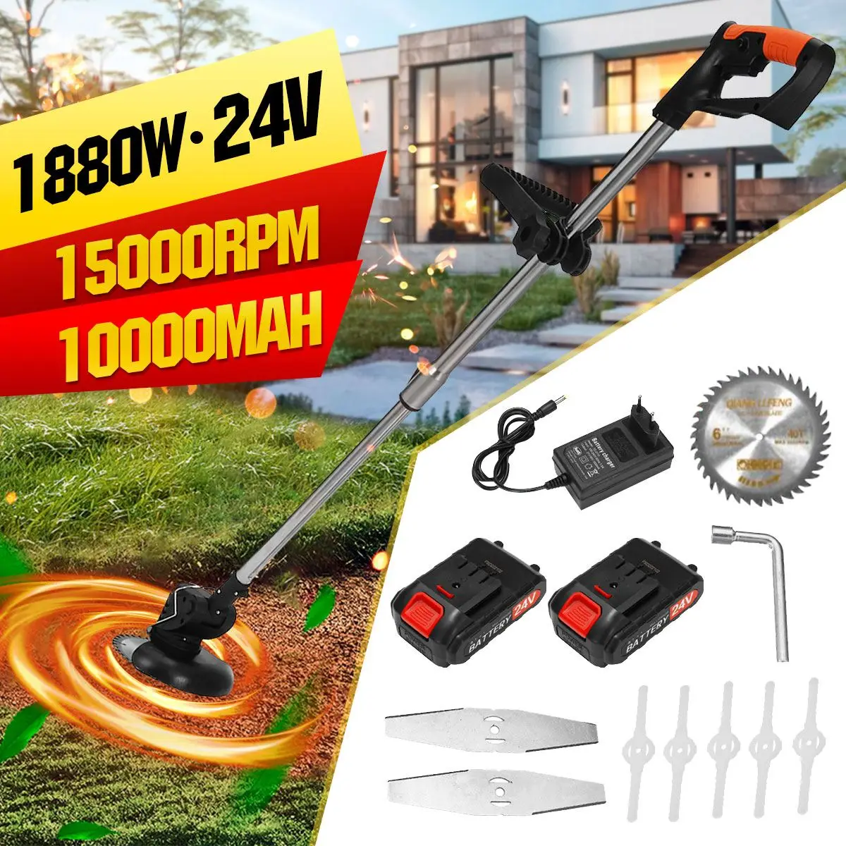 

10000 mAh Electric Lawn Mower 1880W Cordless Grass Hedge Trimmer Adjustable Mowing Machine Garden Power Tool with Battery