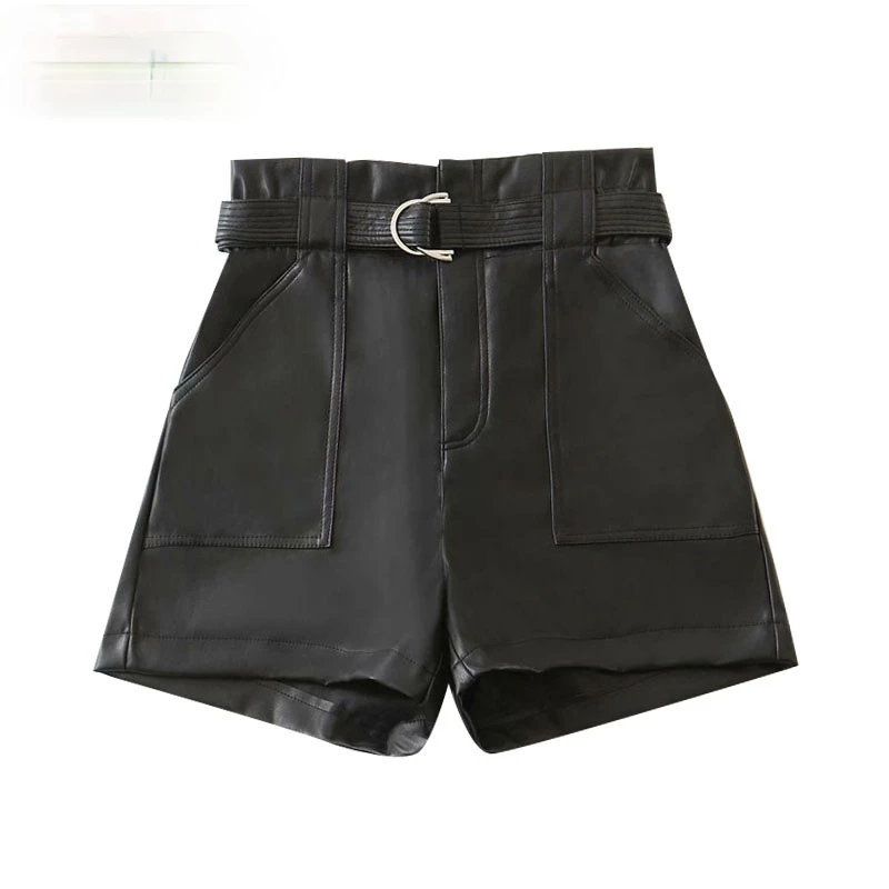 

Women Shorts Chic Fashion with Belt Faux Leather Shorts Vitnage High Waist Zipper Fly Pockets Female Short Pants Mujer