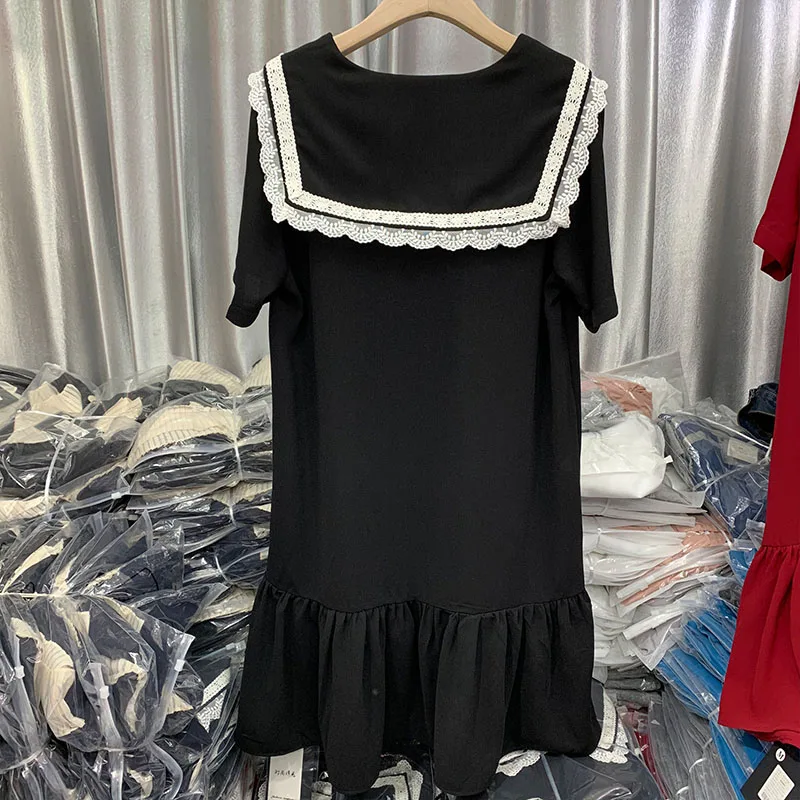

COIGARSAM 4XL Plus Size Fashion Patchwork Women dress New Summer Lace Sailor Collar Dresses Black 2523