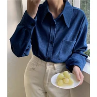 casual lapel full sleeved womens shirt 2022 spring new wild thick pure color brushed fashion single breasted ladies shirt
