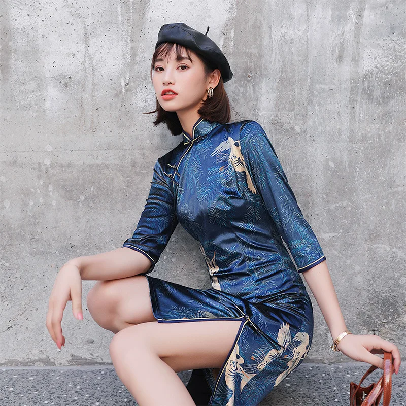 Cheongsam улучшенная версия Осень кран модные молодая девушка студентка платье