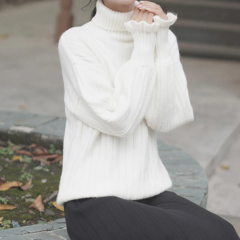 

Autumn Winter Women Sweater Fashion Knitted Turtleneck Pullover Lantern Sleeve Bottoming Tops Jumper Korean Style Warm Clothing