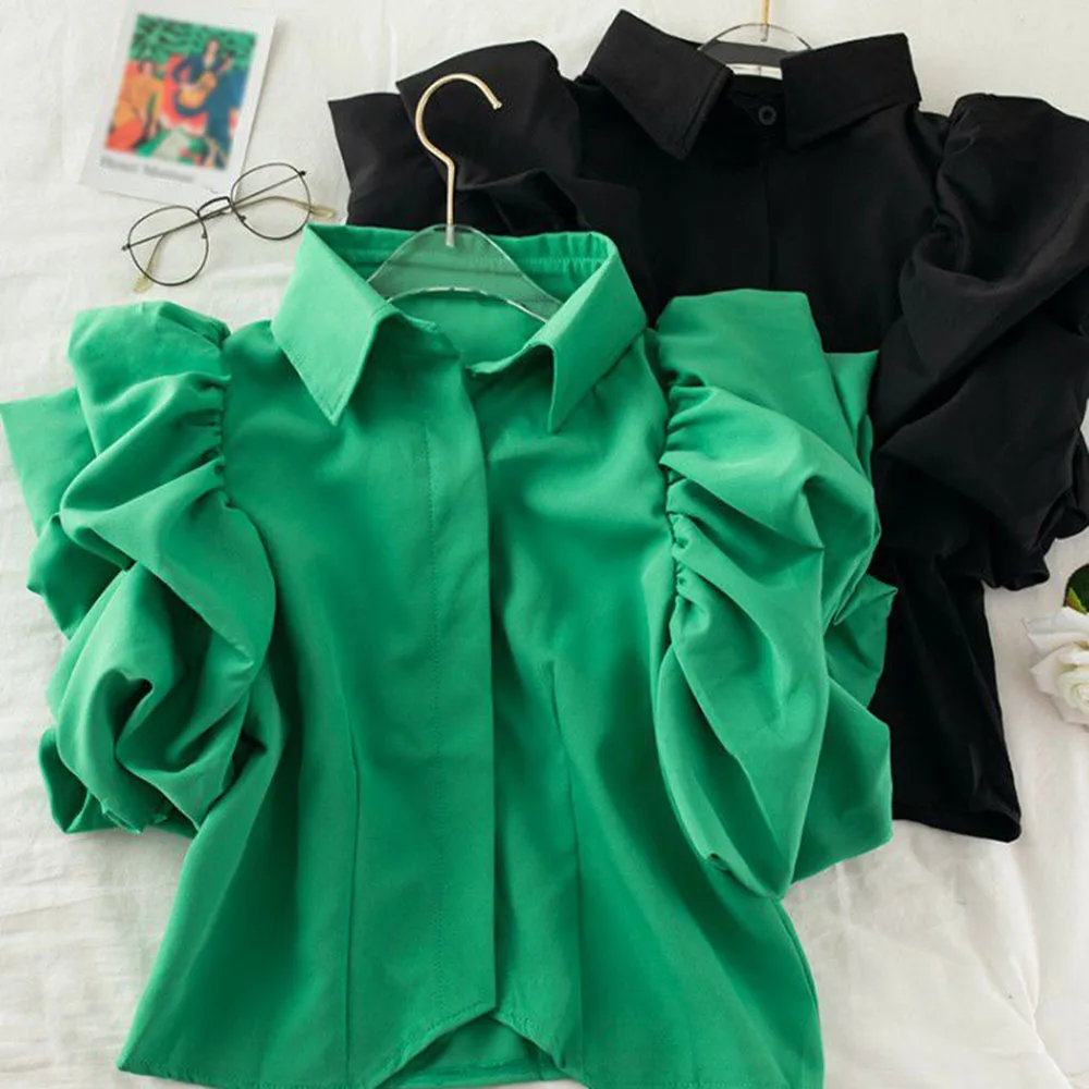 

2021 Summer New Women's Temperament Elegant Retro Solid Color Lapel Puff Sleeve Blouse Fashion Design Simplicity Japanese Style