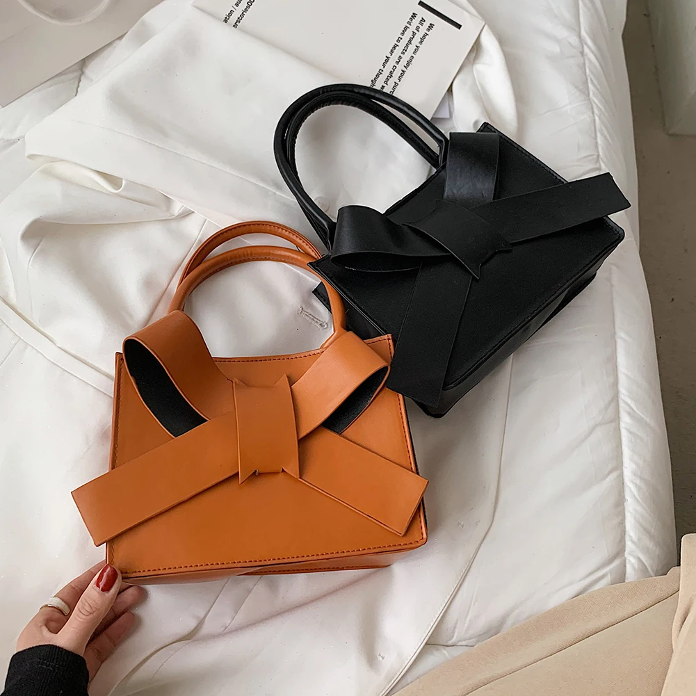 

Fashion Bowknot Vintage PU Leather Small Handbags For Women Solid Color Casual Zipper Top-handle Bags Ladies Daily Simple Totes