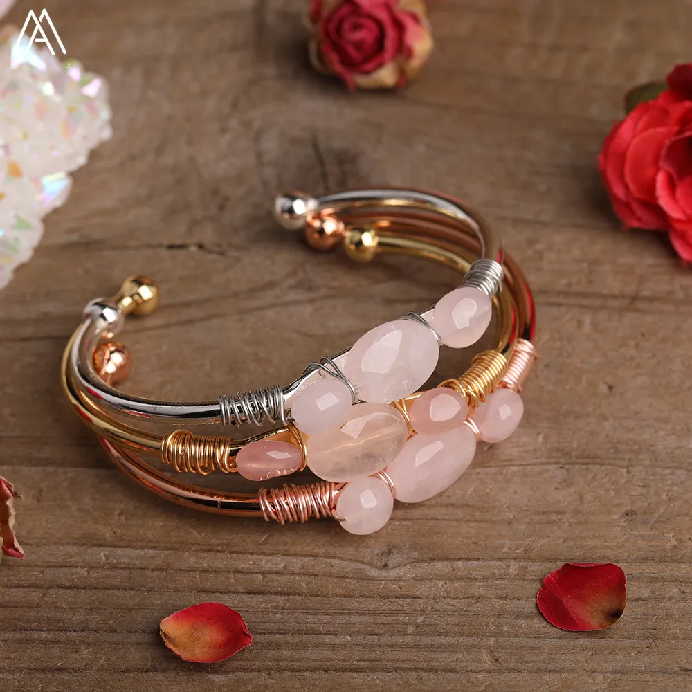 

Silvery Rose Gold Copper Natural Roses Pink Quartz Stone Chip Beads Open Cuff Bangle Bracelet For Women Crystal Beads Bracelet