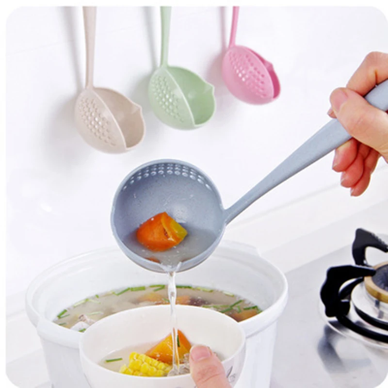 

Kitchen Soup Spoon Long Handle Kitchen Strainer Solid Color Cooking Colander Kitchen Scoop Plastic Tableware Colander Hot