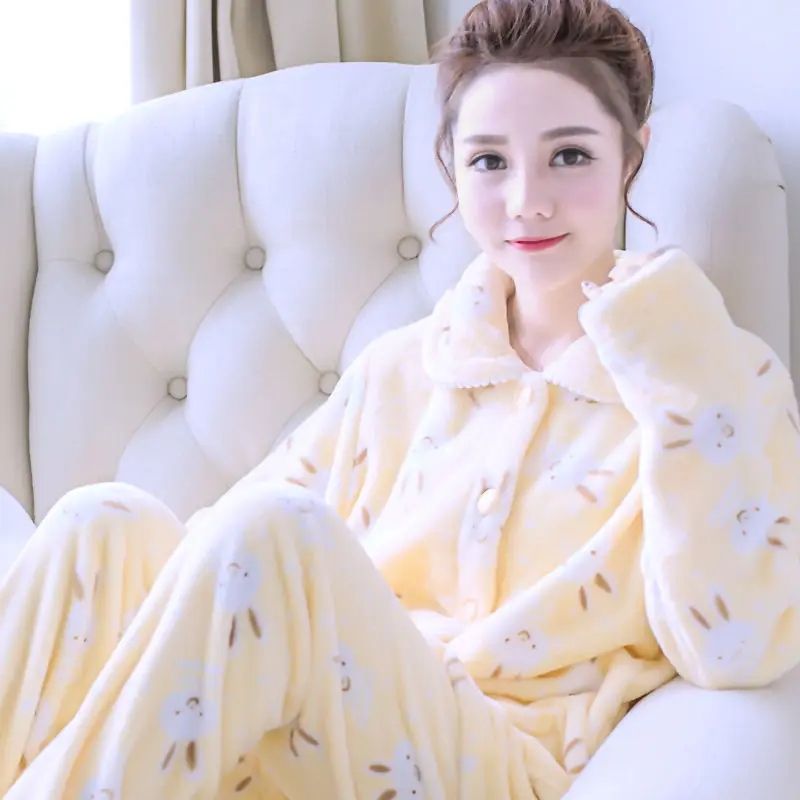 Yellow pijamas women Пижама женская зимняя фланелевая теплая однотонная Пижама женская толстая Коралловая флисовая Пижама женская длинная Пижама больших размеров для женщин - Цвет: Yellow pijamas women