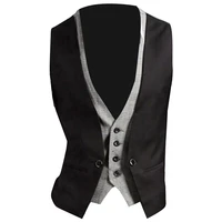 men formal waistcoat vest business solid color single button vest gilet fake two pieces v neck casual chalecos para hombre q6419