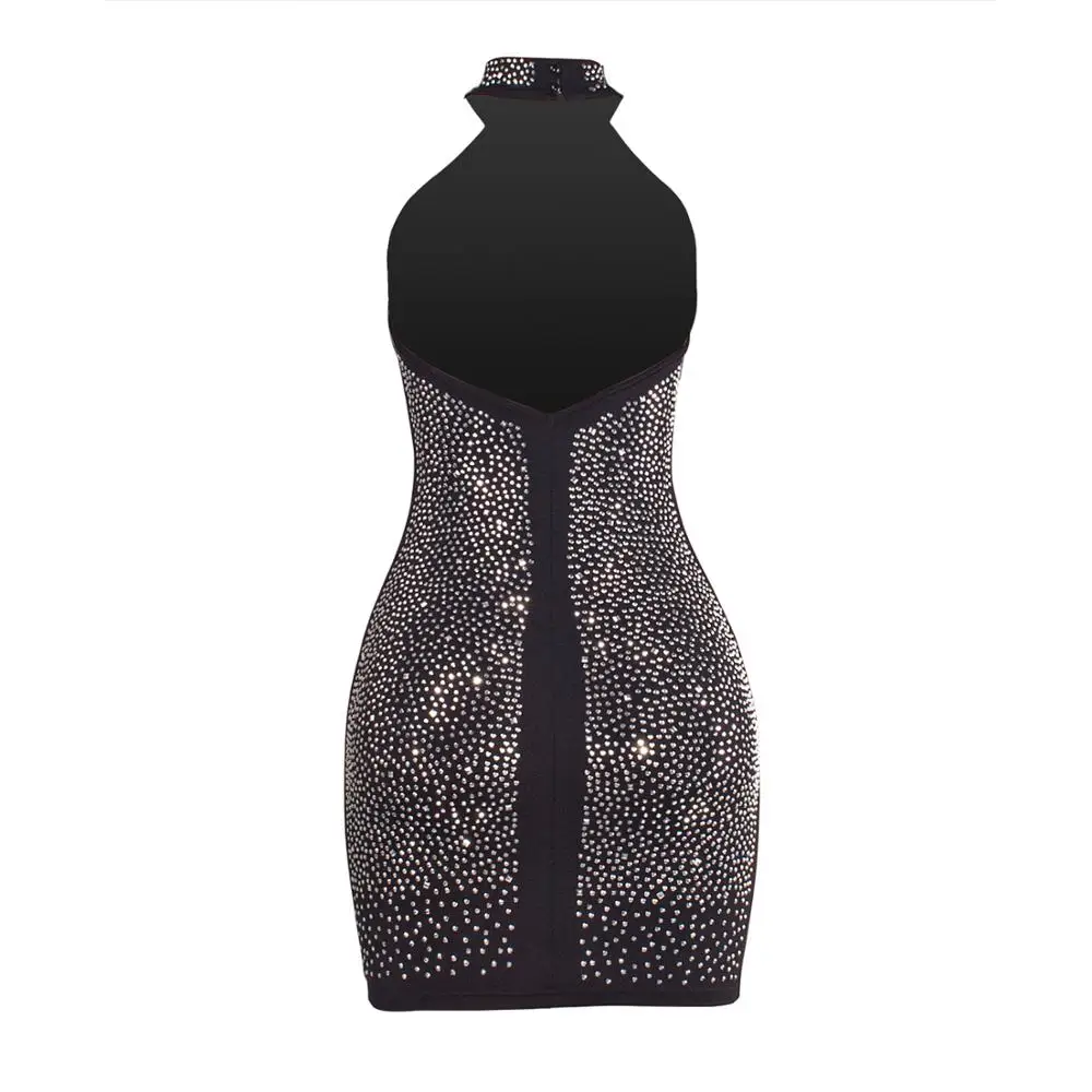 2019 модное сексуальное облегающее платье стразы с высоким воротом без рукавов