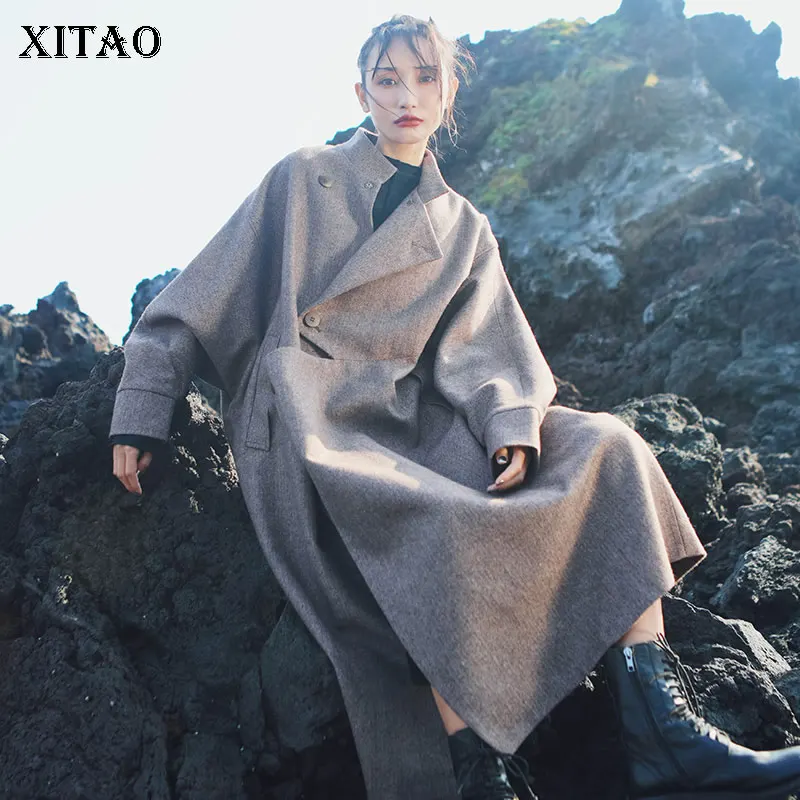 XITAO асимметричное шерстяное сползающее плечо однотонный тренч для женщин 2019