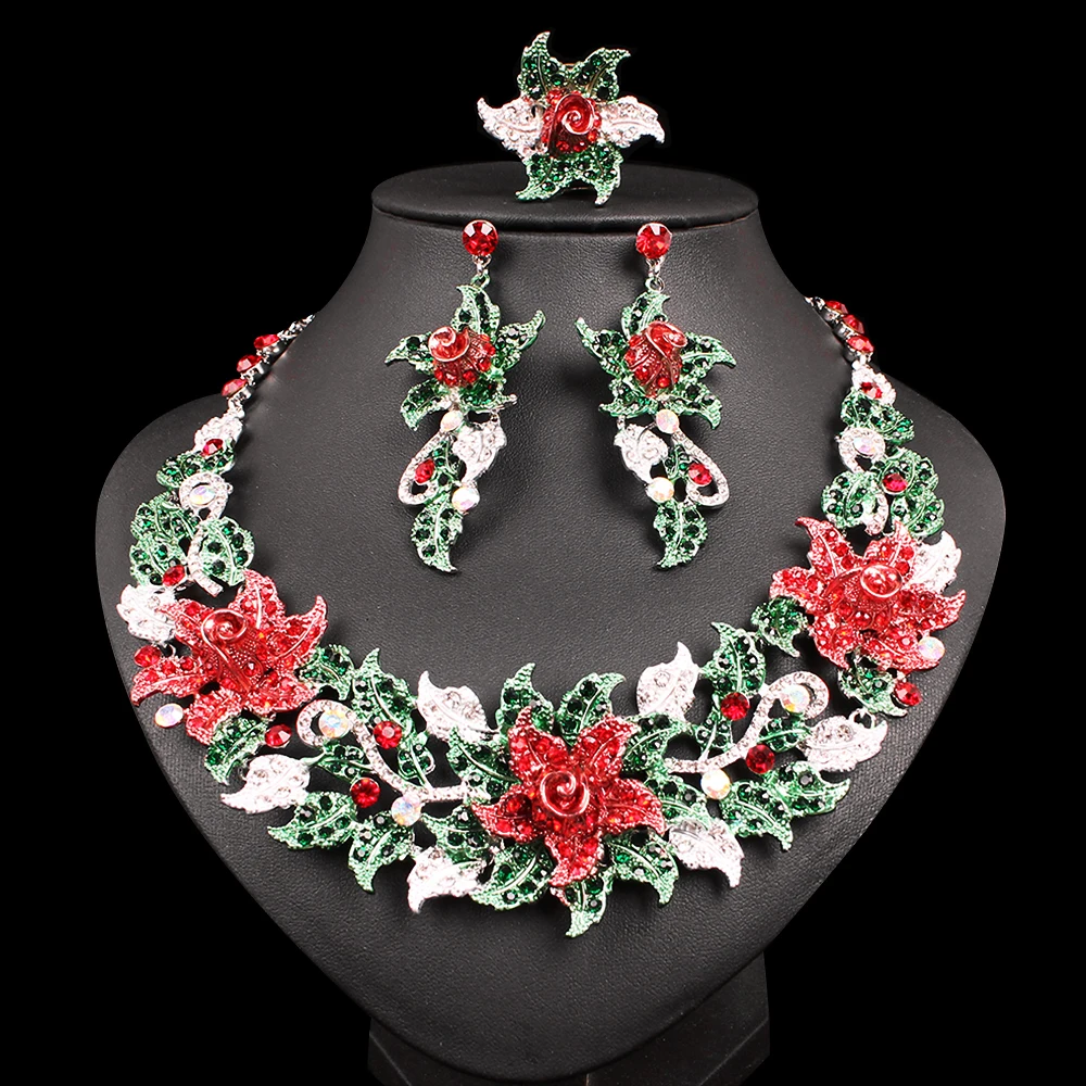

Luxury Flowers Statement Necklace Earrings Ring Silver Plated Indian Party Wedding Costume Jewelry Sets Christmas Gift for Women