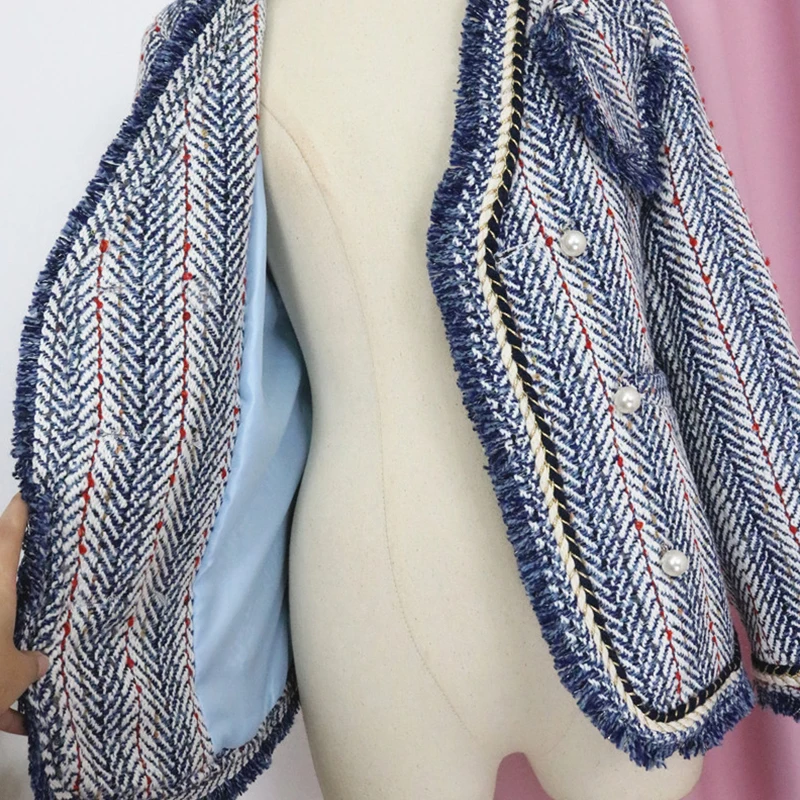 Harajuku Blue White Striped Tweed Jacket 2019 Winter Women Long Sleeve V Neck Elegant Overcoat Bead Pearls Tassels Cardigan Coat | Женская