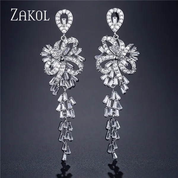 Sliver Color ZAKOL новые роскошные длинные висячие серьги с кубическим цирконием для женщин Сияющий Свадебный цветок с кристаллами Свадебные ювелирные изделия FSEP2108 - Окраска металла: Sliver Color
