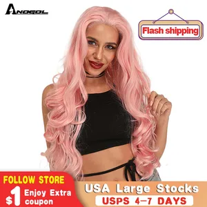 Аногол Длинные Волнистые Розовые высокотемпературные волокна бордовый серый блонд Оранжевый Синтетический кружевной передний парик для женщин бесплатная часть