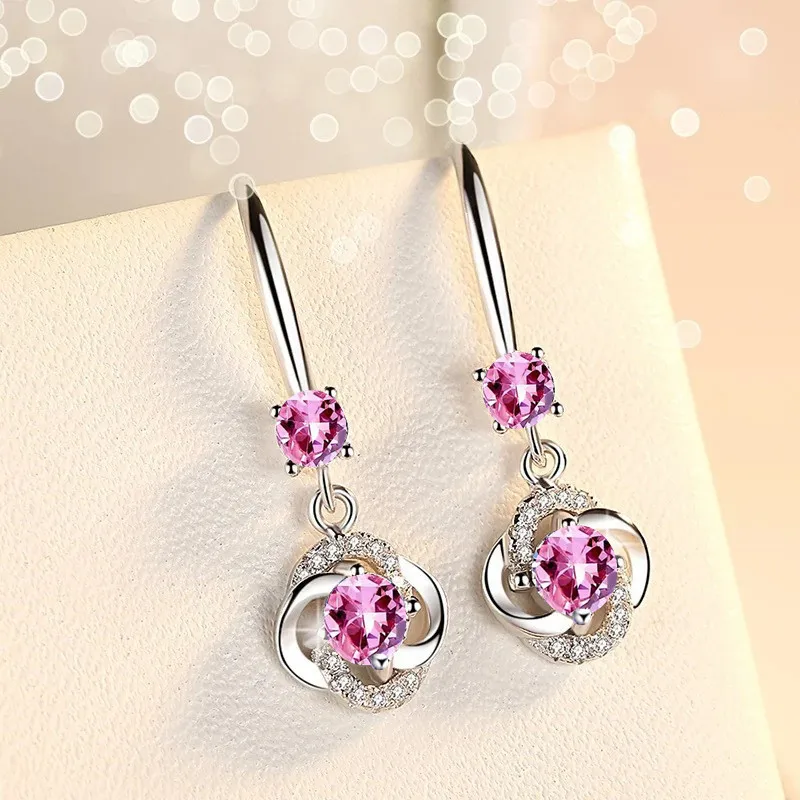 

Boho Female Crystal Pink Blue White Drop Earrings Silver Color Zircon Stone Earrings Small Round Dangle Earrings For Women