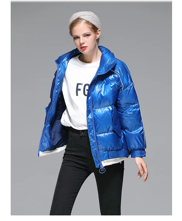 

2020 new winter white duck down jacket women shiny hooded coat stitching loose coats thick warm short jackets green outwear blue
