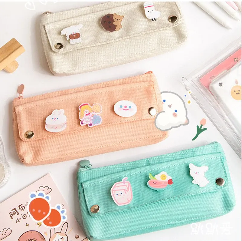 

Pencil Cases Large Stationery Storage Bags Canvas Pencil Bag Cute Makeup Bag School Supplies for Girl Kids Gift with Badge