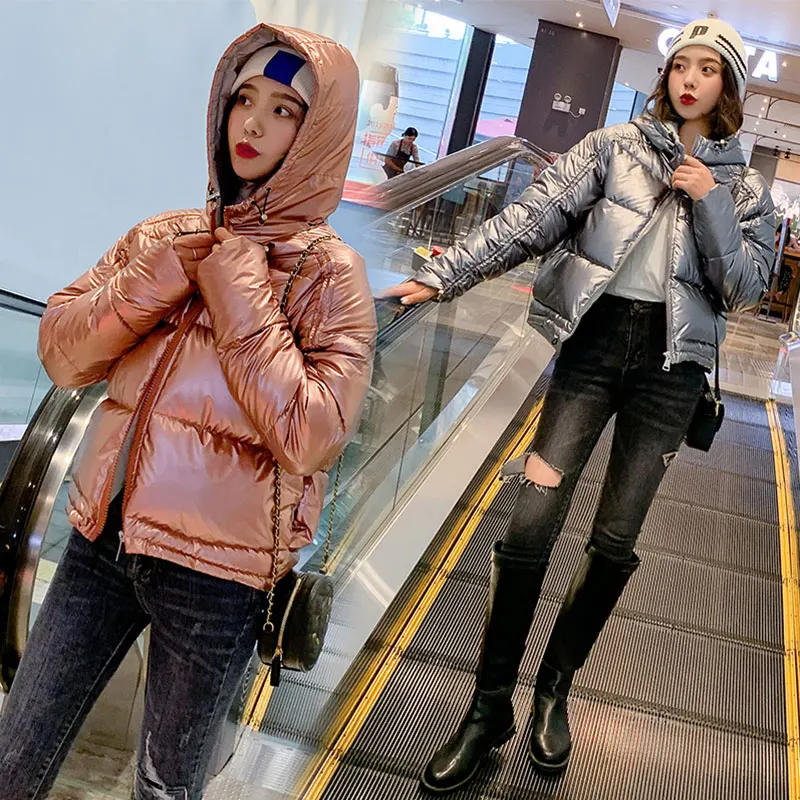 

Chic Short Hooded Winter down jacket Glossy Jacket Student Warm Cotton padded Wadded Parkas
