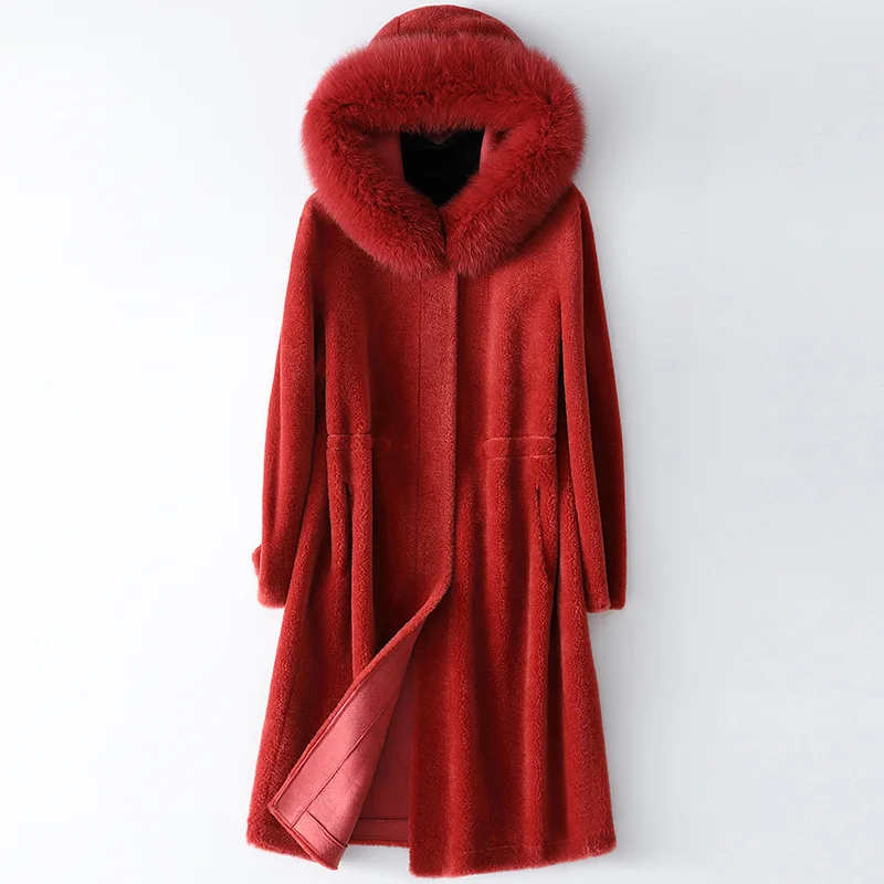 Winter Fox Collar Hooded Long Lady Wool Coat High Quality Fur Coat Women's Autumn 3xl Blue Red  Keep Warm Sheep Cashmere Coat
