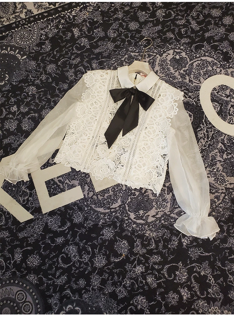

Self Portrait Designer White Patchwork Bow Tops 2020 Spring Sexy Ruffles Long Sleeve Hollow Out Lace Blouses Womens