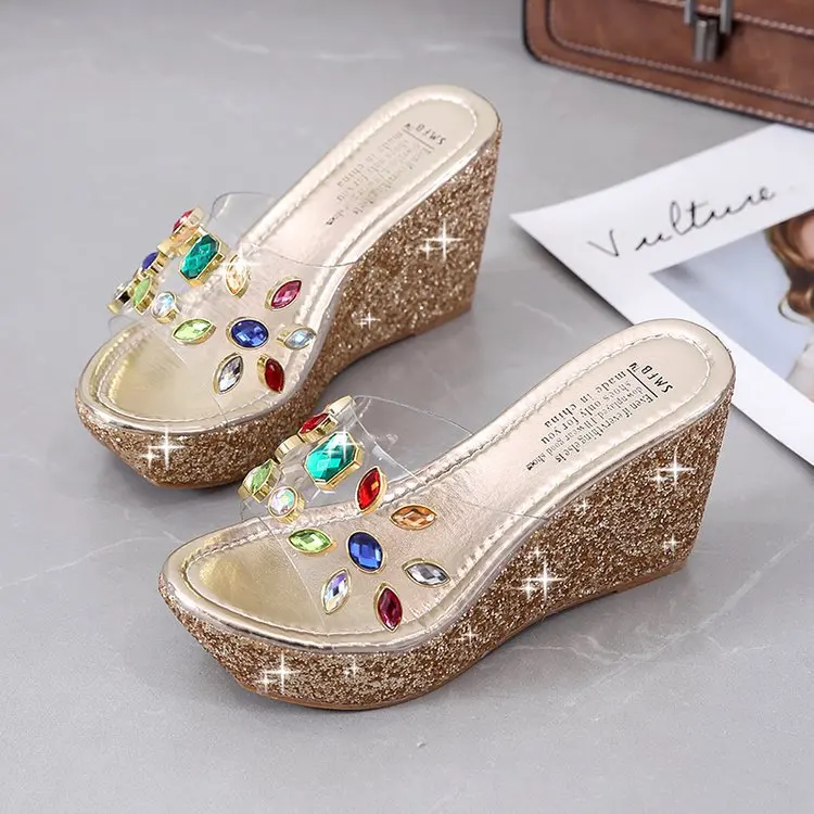 

Med Slippers Women Summer Slides Female Shoes Fashion Jelly Flip Flops Platform Transparent Heel On A Wedge 2021 Luxury Glitter