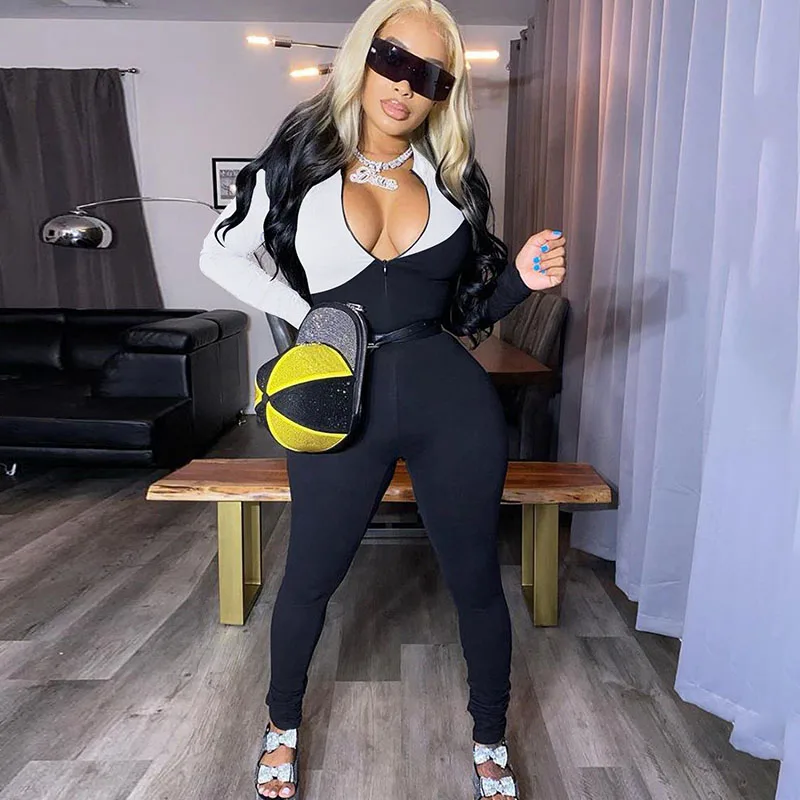 

Streetwear Patchwork Bodycon Jumpsuit for Women Clothing Casual Fitness Rompers Front Zipper Skinny Overalls One Piece Outfits