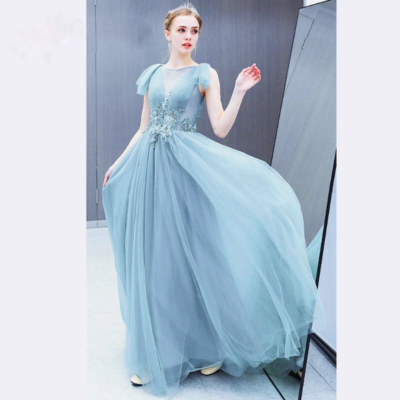 Женское вечернее платье принцессы AnXin SH синее кружевное с круглым вырезом