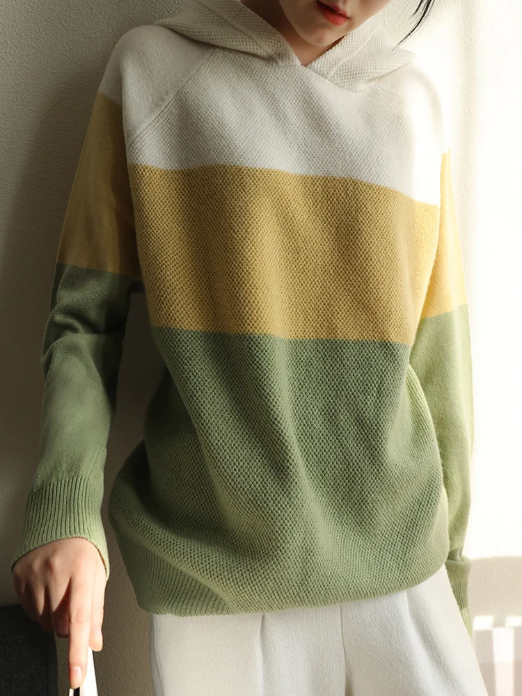 

Wool Clothing Women's Autumn and Winter With Hat Sweater Pullover Loose Lazy Stitching Sweater 100% Pure Wool Bottoming Shirt