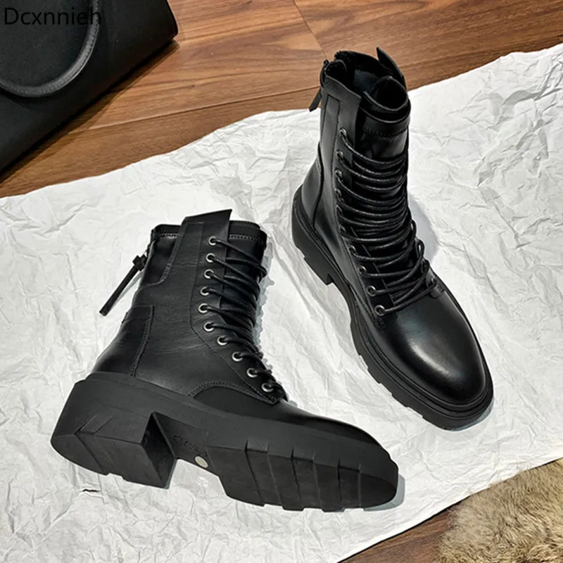 

Winter Cow Leather Motorcycle Boots Women Belt Buckle Mid Calf Boots Thick Sole Knight Short Boots Casual Flat Zapatos De Mujer