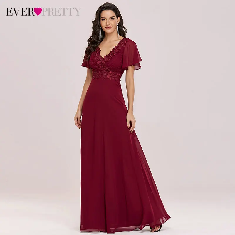 

Long Chiffon Bridesmaid Dresses V-neck A-line Short Sleeve Wedding Party Dress Simple Floor-length Woman Party Night Vestidos