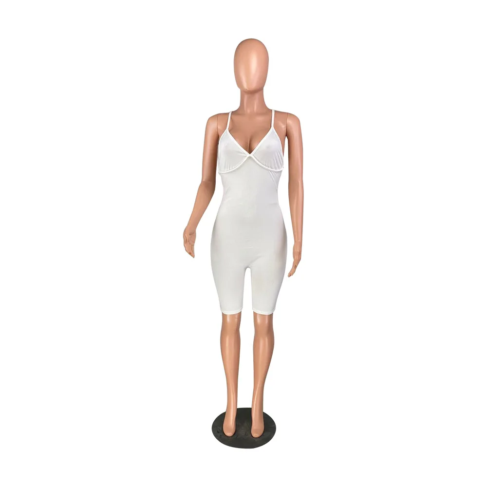 

High Elastic Rib Sporty Slim Playsuit Women Fashion Spaghetti Strap Open Back Party Jumpsuit Casual Solid Color Skinny Rommpers