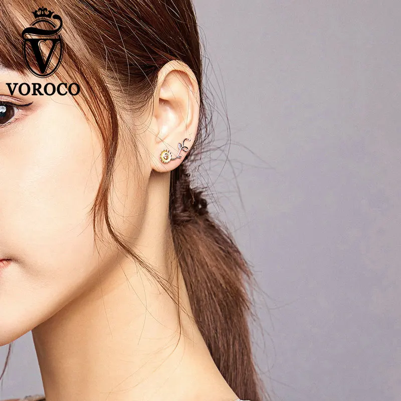 

VOROCO 925 Sterling Silver Handmade New Trendy Fresh Daisy Earrings For Women Charm Ear Jewelry Couple Gift