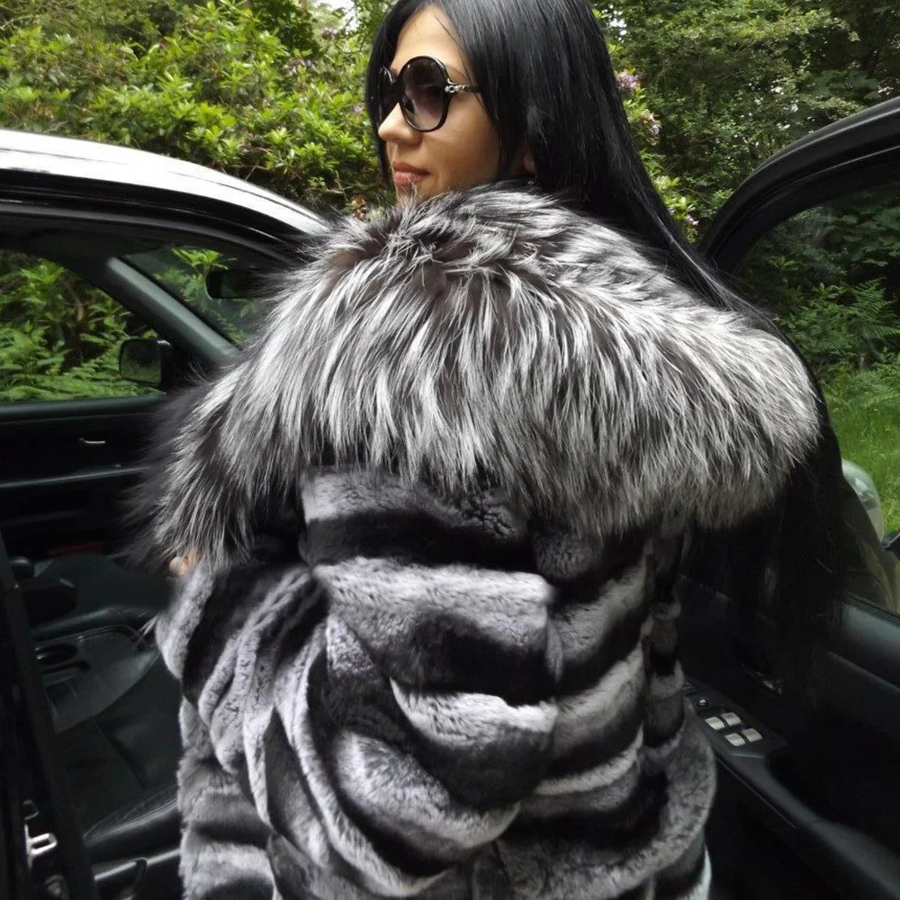 130cm X-long Natural Rex Rabbit Fur Coat With Silver Fox Fur Trim of Hood High Quality Women Winter Genuine Rabbit Fur Coat 2022