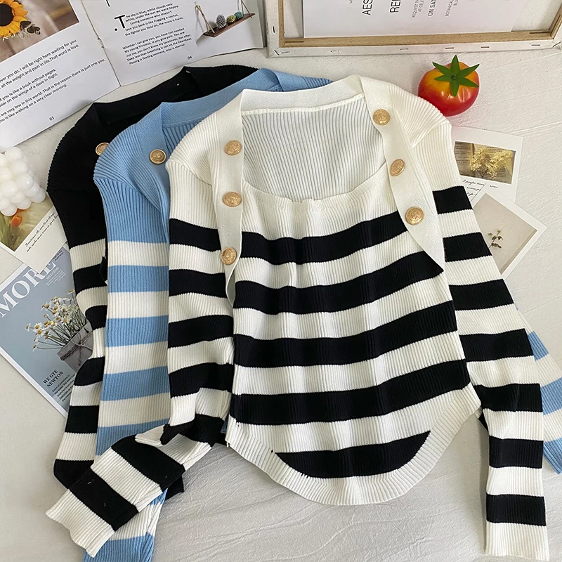 

Autumn Spring Striped Slim Irregular Square Collar Sweaters Jumpers Women's New Long-Sleeved Gold Buttons Pullovers