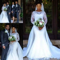 mermaid lace wedding dresses detachable skirt sheer long sleeve african arabic country bridal gowns custom made