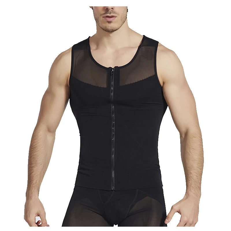 Men's Compression Abdomen Shirt for Body Shaper Slimming Vest Tight Tummy Underwear Gym Workout Tank Top with Zipper Weight loss