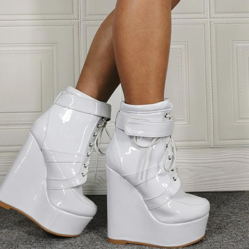 

SEIIHEM Women Ankle Platform Wedges Boots Handmade Shiny Lace Up Height Increase Unisex Ladies Shoes Woman Big Size 41 45 50 52