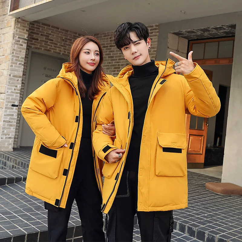 New down jacket men's medium and long style hot sales hooded handsome man/woen overalls winter coat popular logo couple