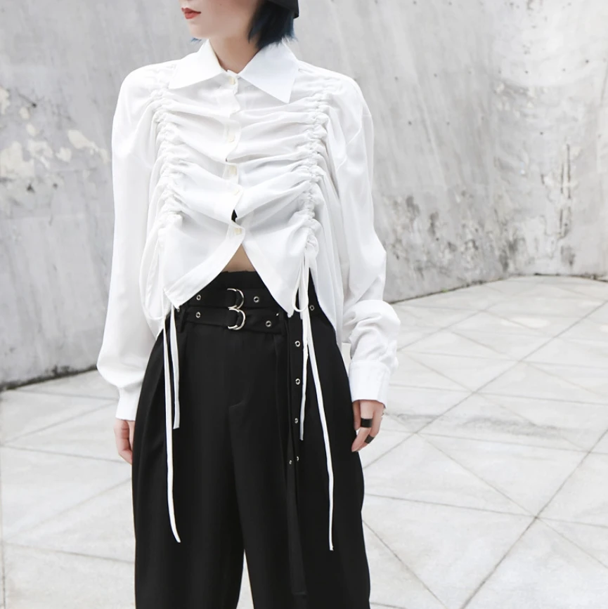 

2020 New Multi-Wear Dark Wind Drawstring Pleated Loose Long-Sleeved Shirt Women