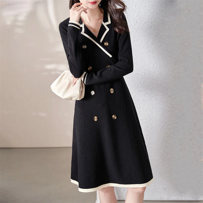 

Women 2021 Spring New Hit Color Double-Breasted Dress Long Eleeve Small A Cross Collar Female Suit Collar Mid-Length Dress A185C